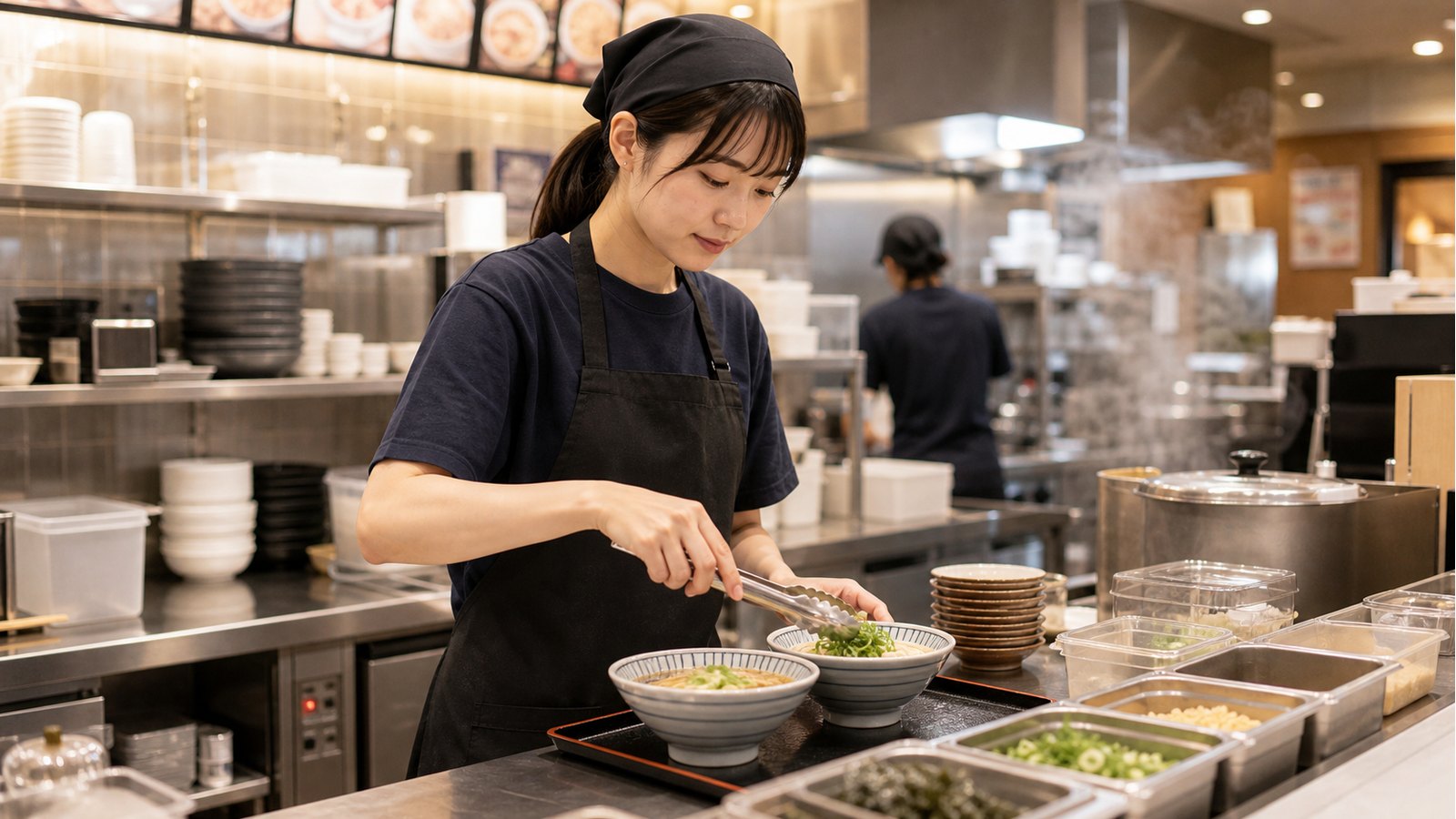 なか卯バイトで丼やうどんを準備するキッチン作業のイメージ