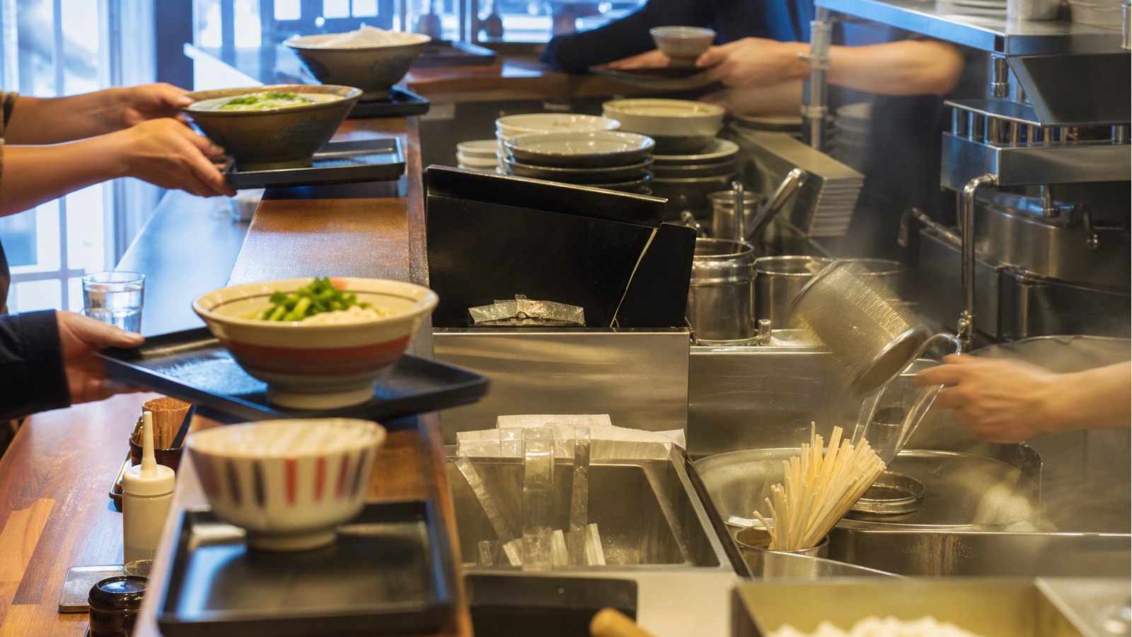 丸亀製麺のバイトでランチの忙しい時間帯をこなすイメージ