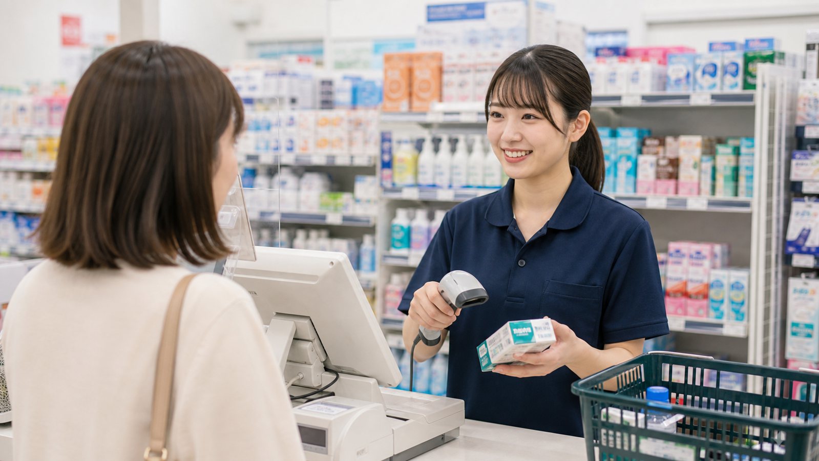ダイコクドラッグバイトのレジ接客を想定したドラッグストアスタッフのイメージ