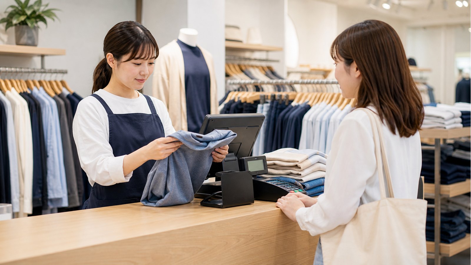 アパレル店のレジで接客や商品確認をするバイトスタッフのイメージ