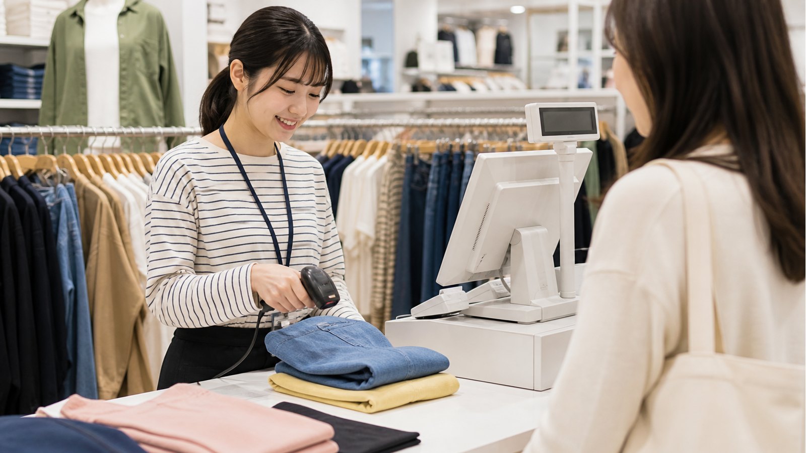 アパレル店のレジで商品確認をするGUバイトのイメージ