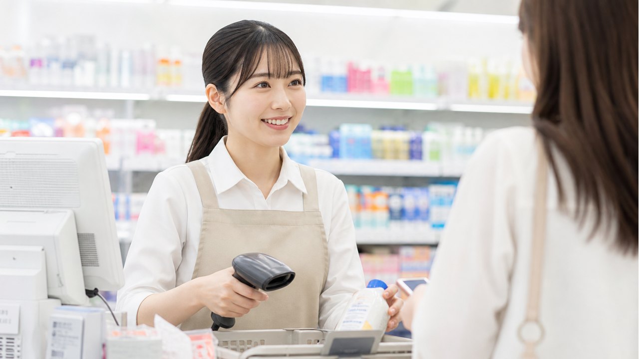 ドラッグストアのレジで商品確認をするマツキヨバイトのイメージ