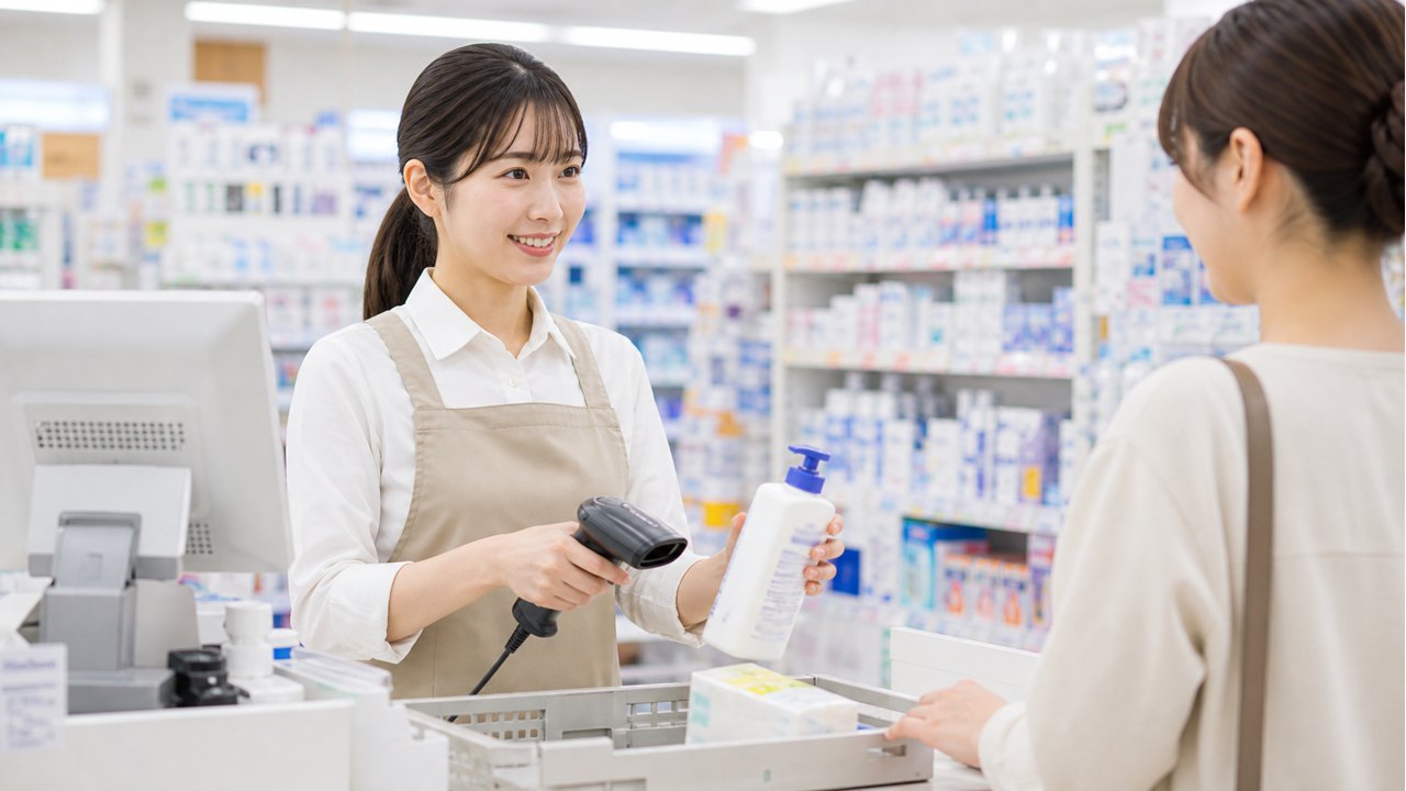 ドラッグストアのレジで商品確認をするツルハバイトのイメージ