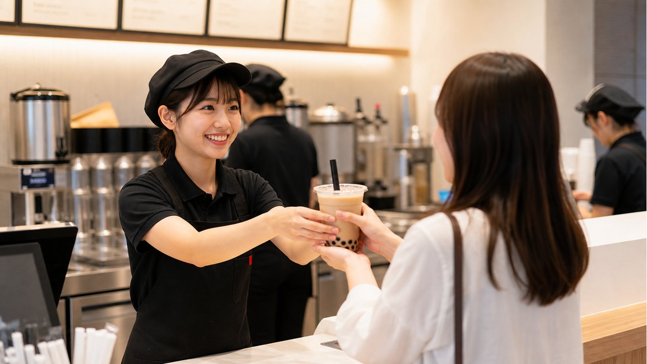 ドリンクを渡して接客するゴンチャバイトのイメージ