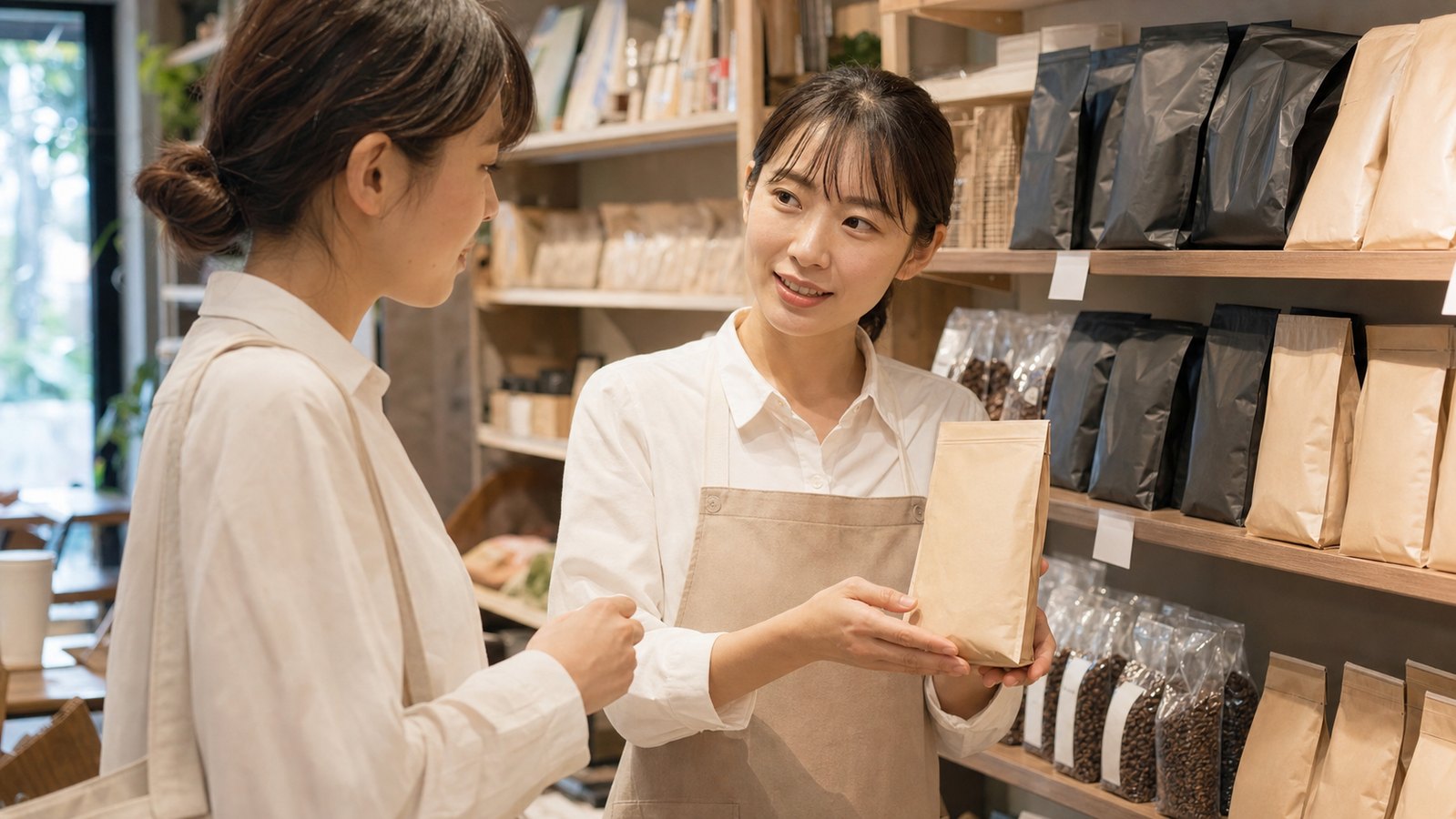 カルディバイトでお客様に商品を案内する接客対応のイメージ