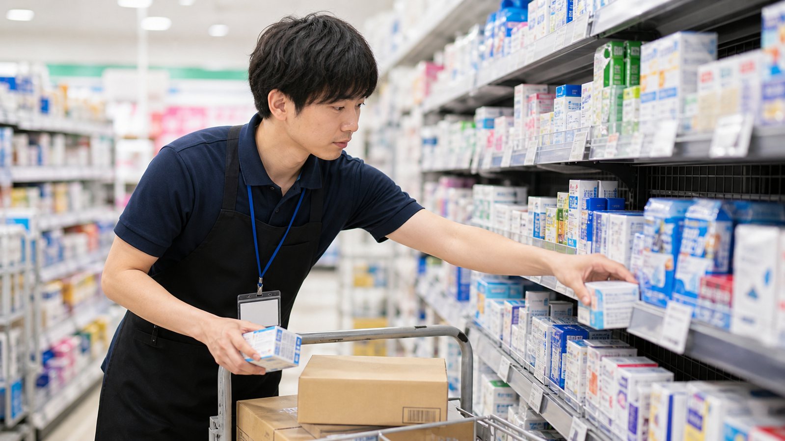 ダイコクドラッグバイトの品出しを想定したドラッグストアスタッフのイメージ