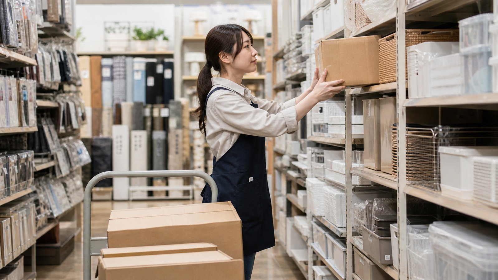 コメリバイトで商品補充や品出しをするスタッフのイメージ