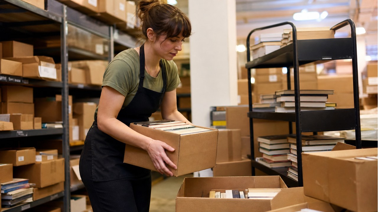 本屋 バイトで本の箱や在庫を整理するスタッフのイメージ