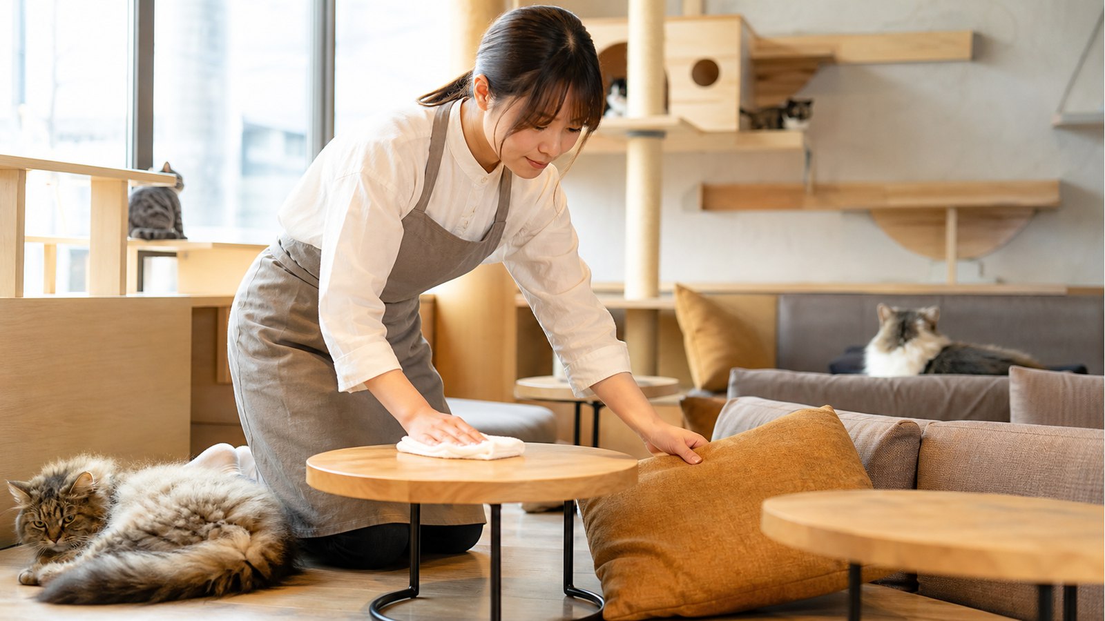 猫カフェバイトで店内を清掃して清潔な空間を保つイメージ