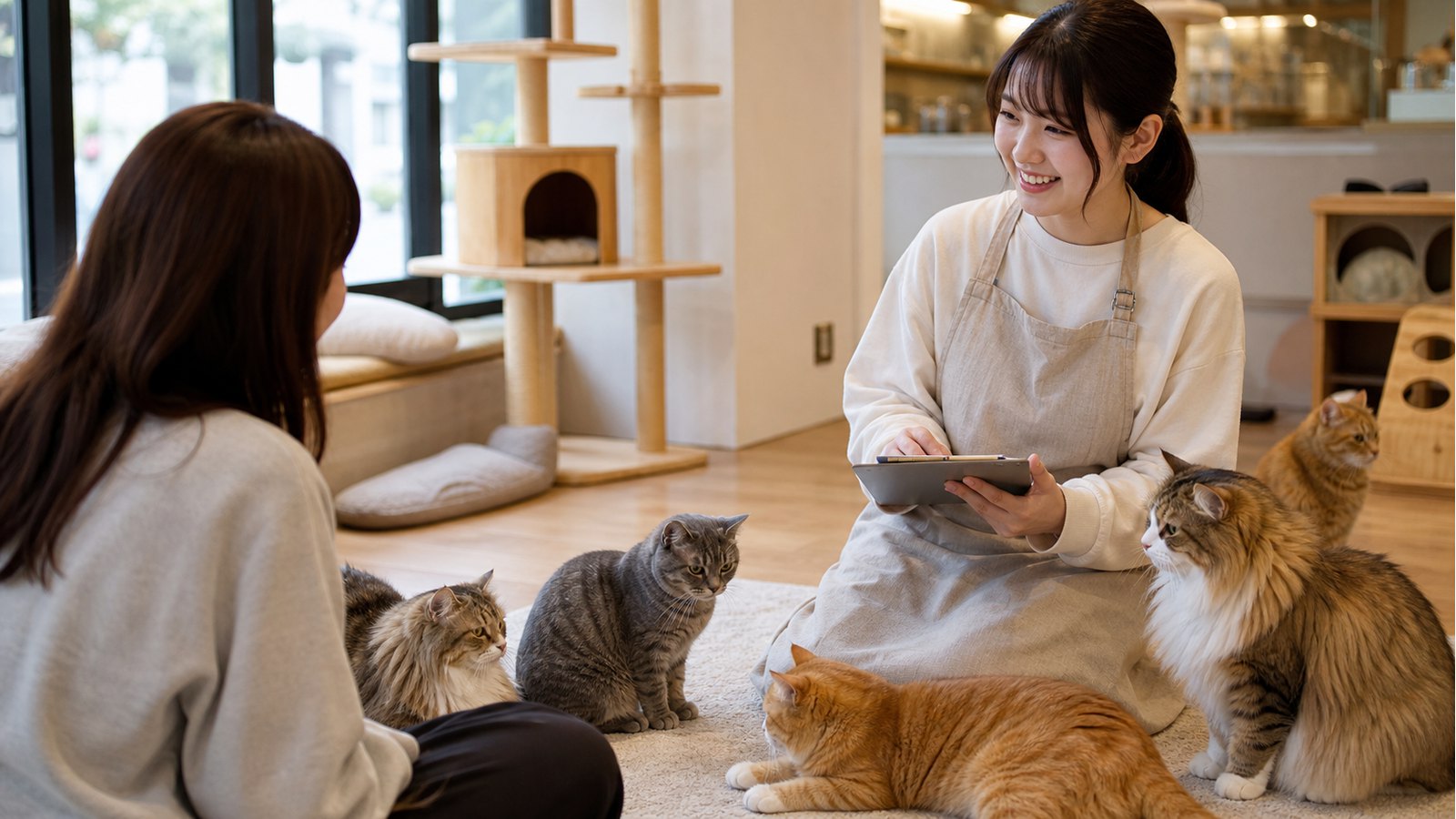猫カフェバイトがきついか応募前に確認する接客と猫のいる店内のイメージ