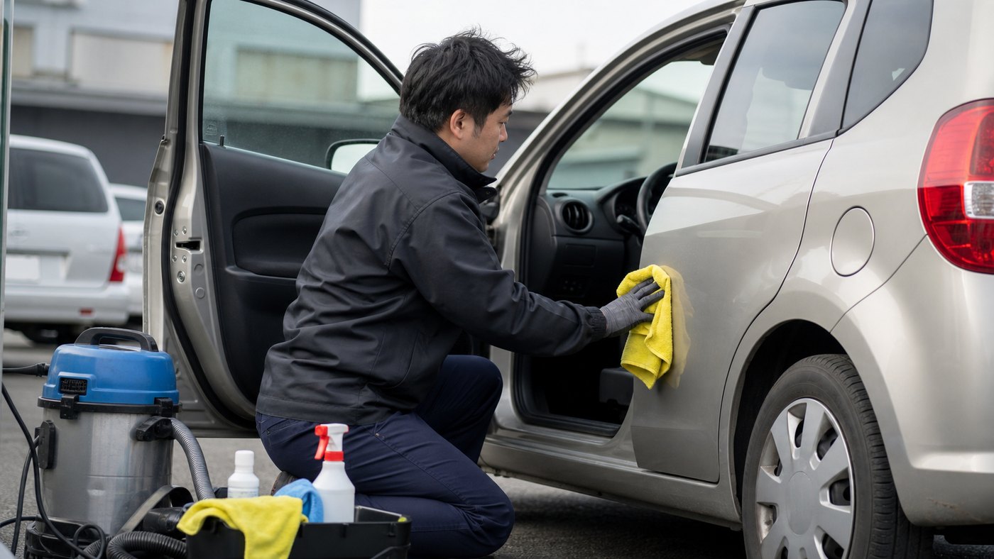 レンタカーバイトで車内清掃や車両準備をするイメージ