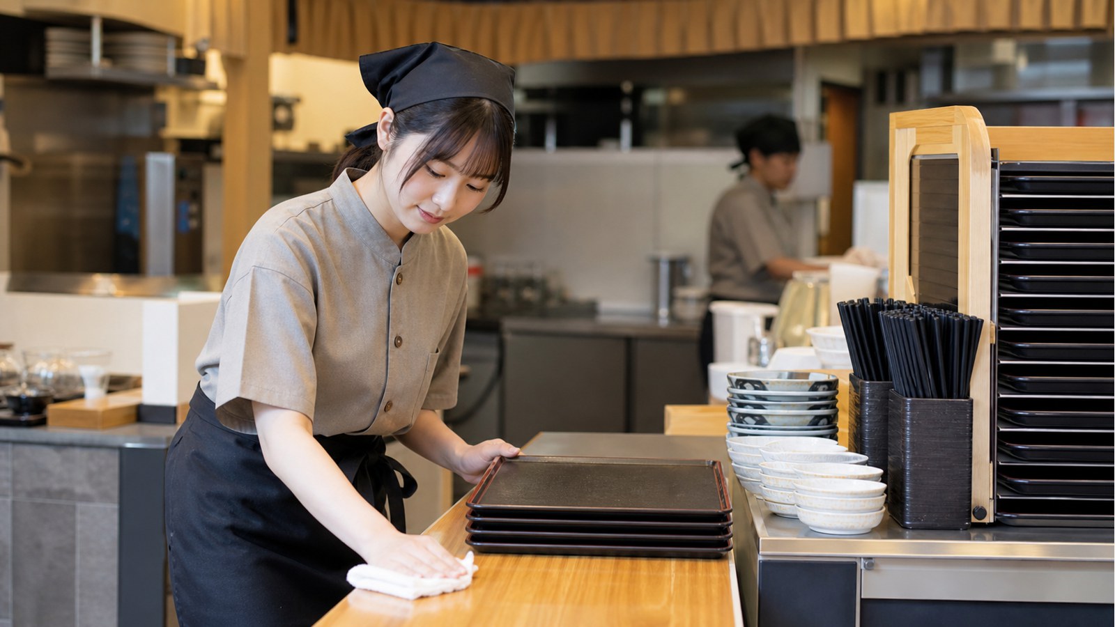 はなまるうどんバイトでピーク後にトレーやカウンターを片付けるスタッフのイメージ