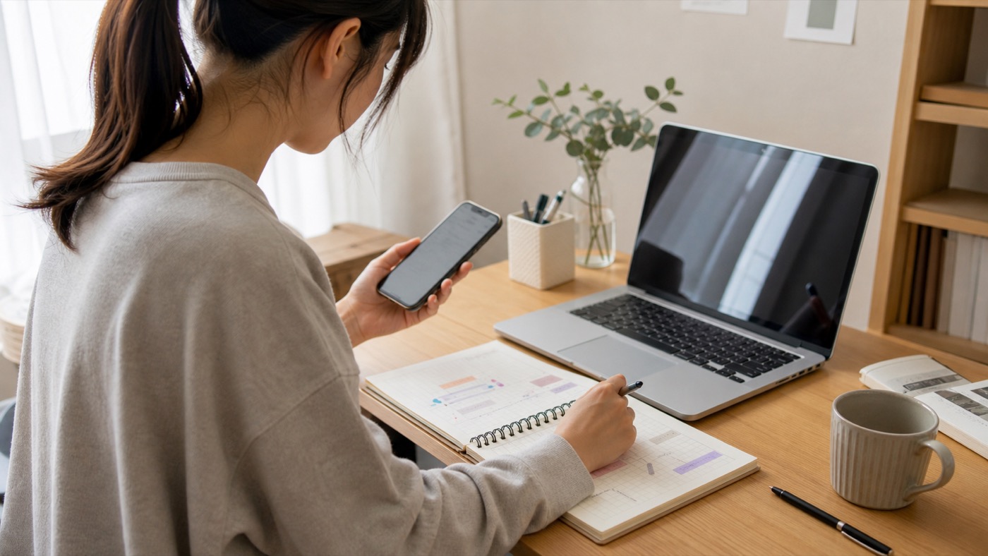 大学生がアンケートと在宅求人の使い分けを考える様子