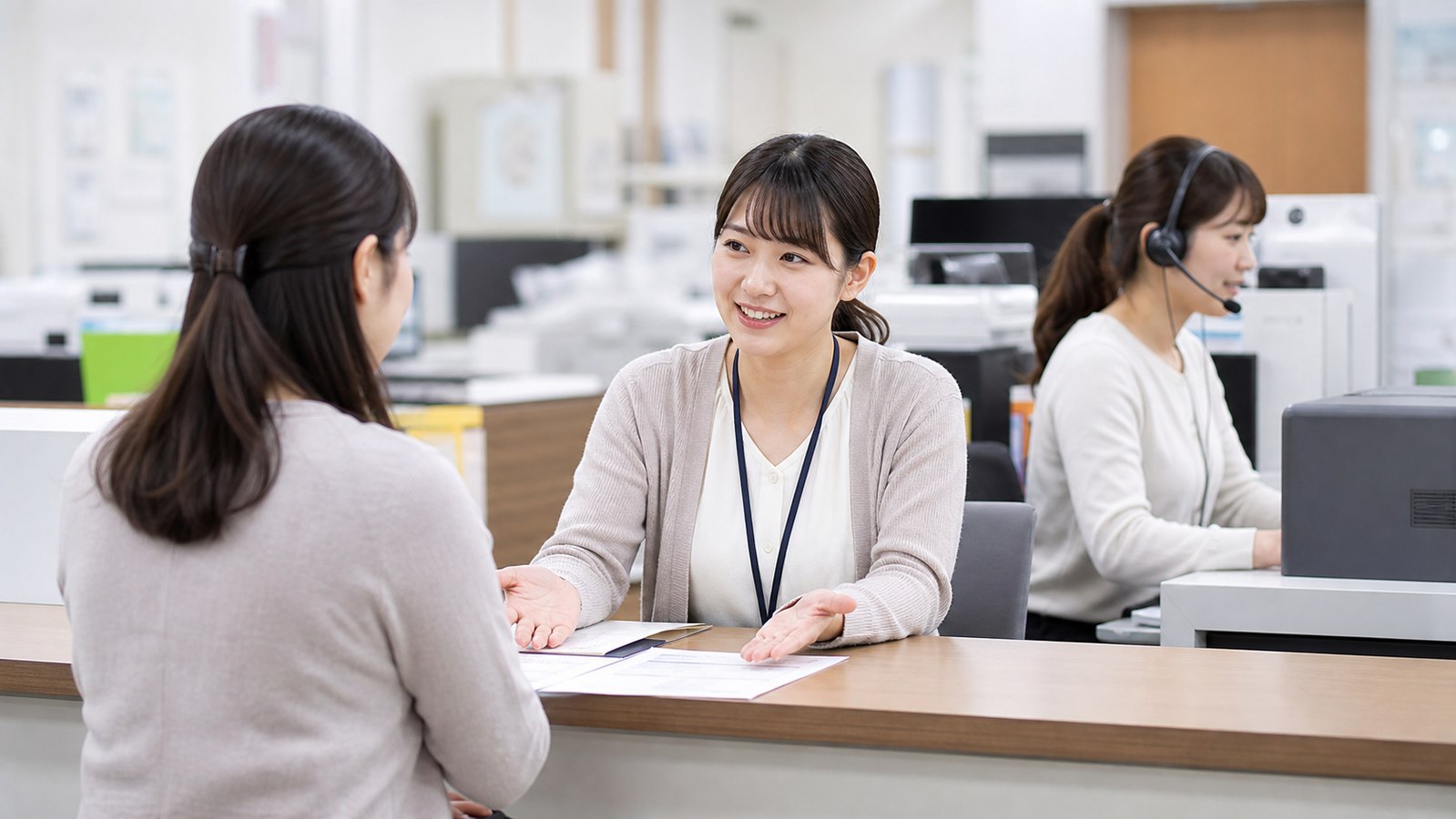 日本年金機構の窓口や電話対応を想定した事務スタッフのイメージ