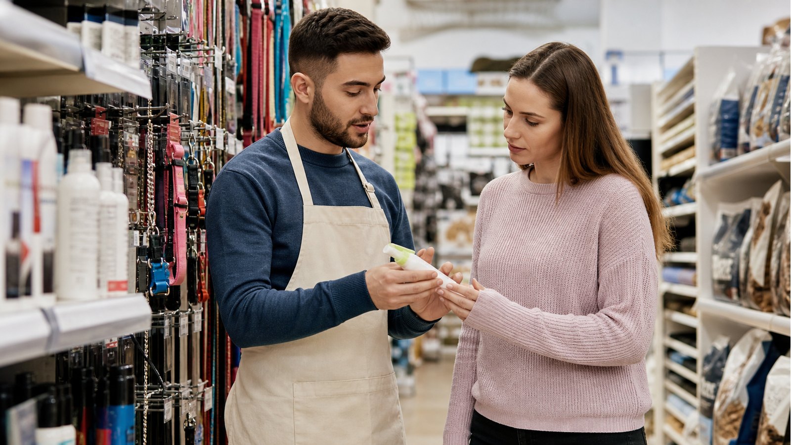 ペットショップバイトでペット用品の説明をする接客イメージ