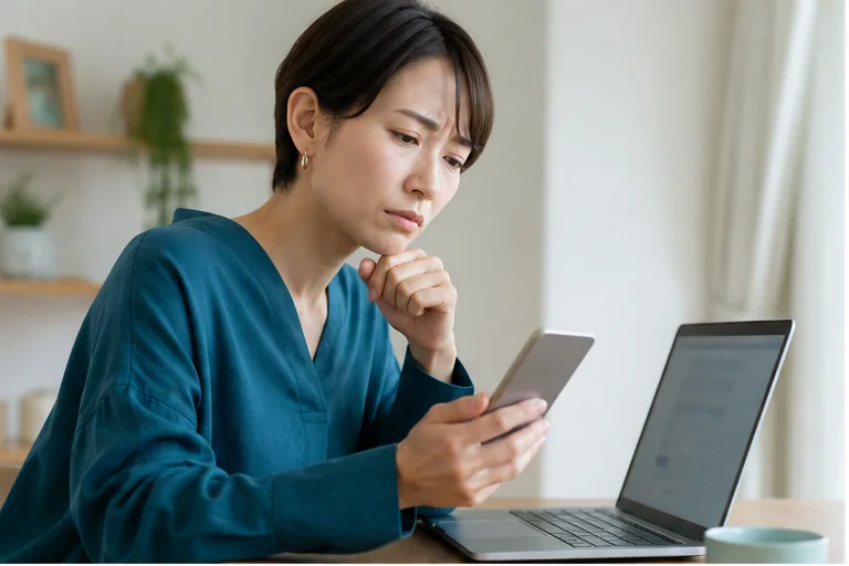 本人確認コードのエラーをスマートフォンで確認する女性