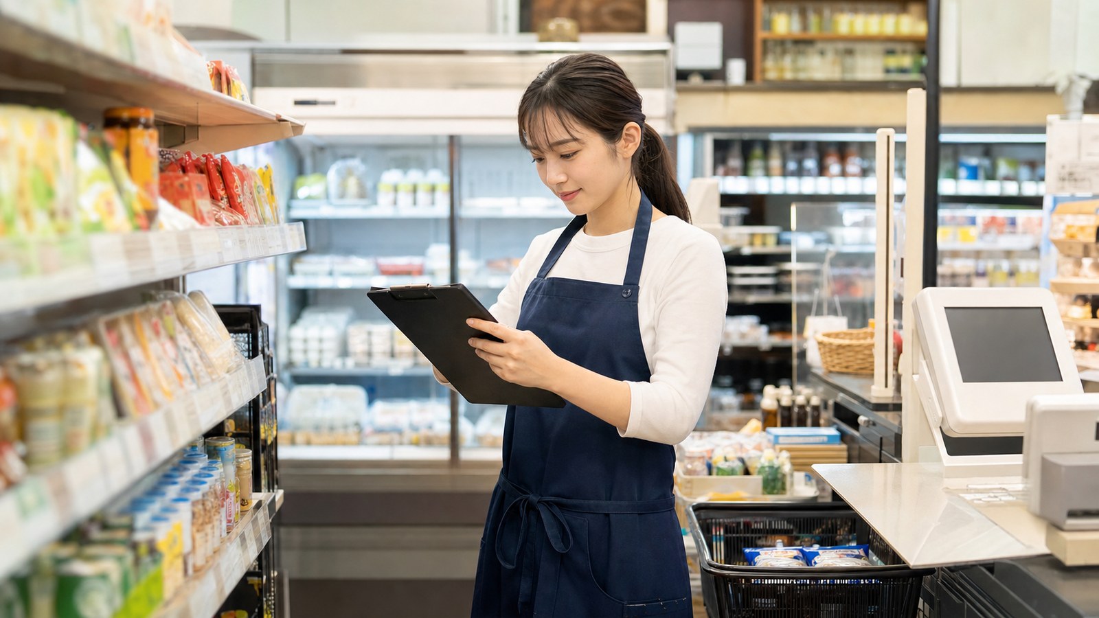 まいばすけっとバイトの口コミ評判を応募前に確認する小型スーパー店員のイメージ