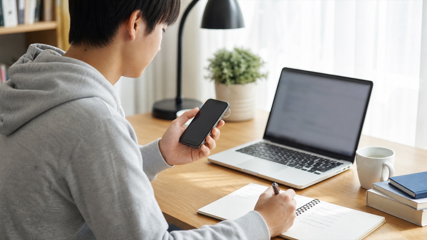 大学生がスマホ副業を始める前に安全性を確認する様子