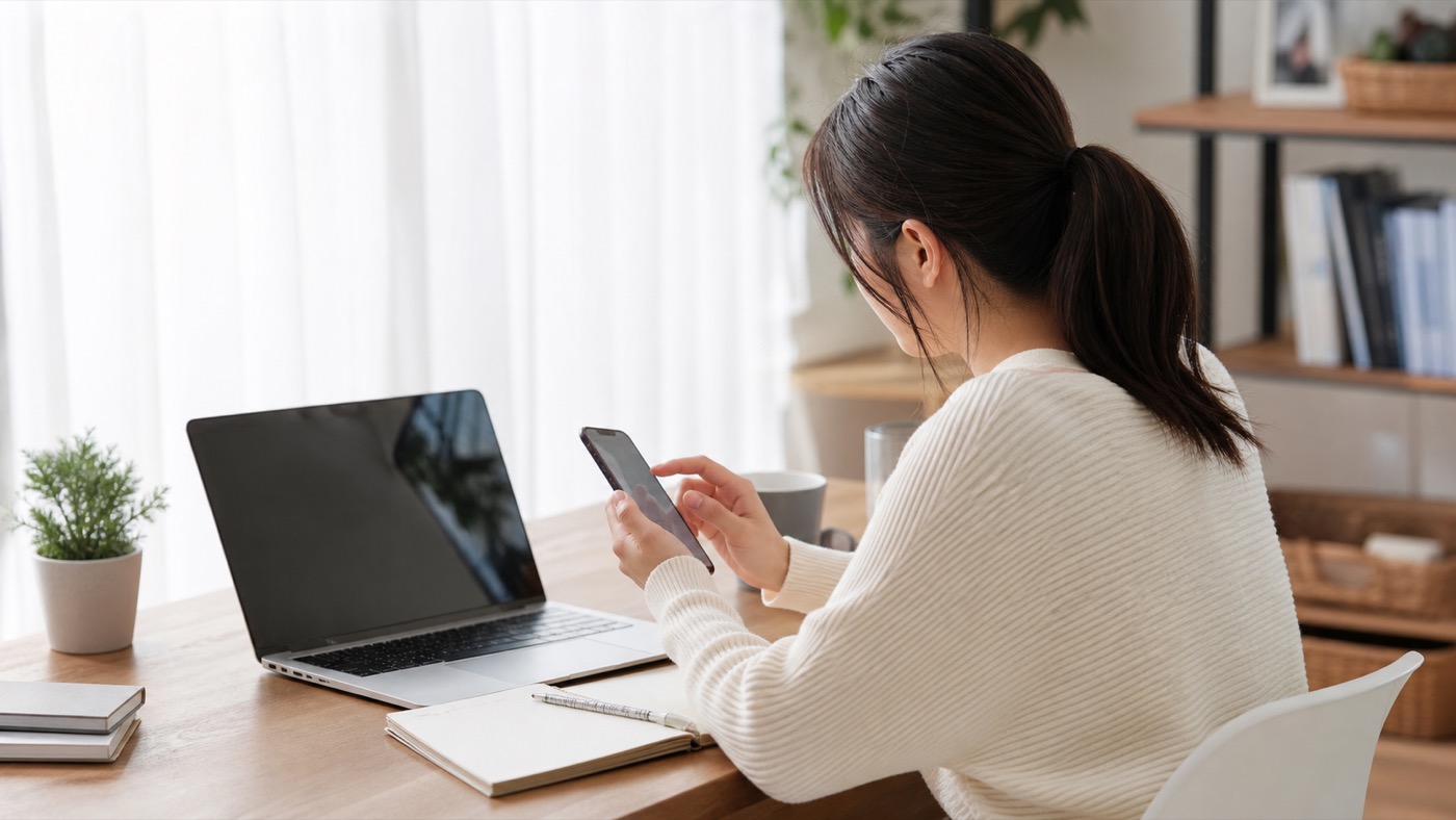 未経験者がアンケートモニター登録前に安全性を確認する様子