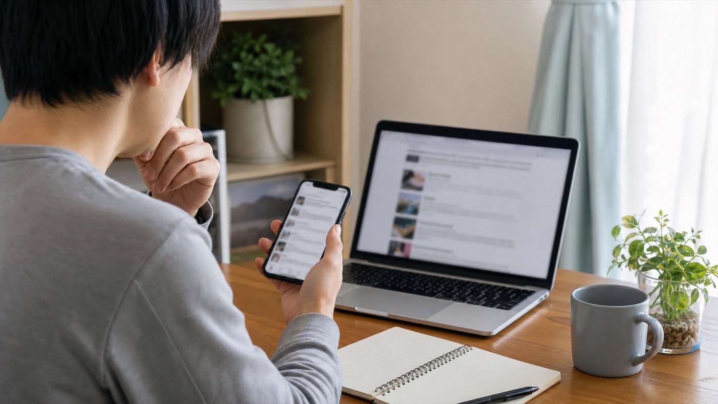 スマホ副業の口コミを信頼できるか確認する初心者の様子