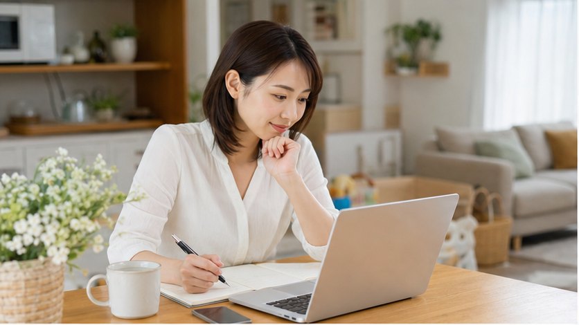 在宅ワーク初心者の主婦が家で求人条件を確認する様子
