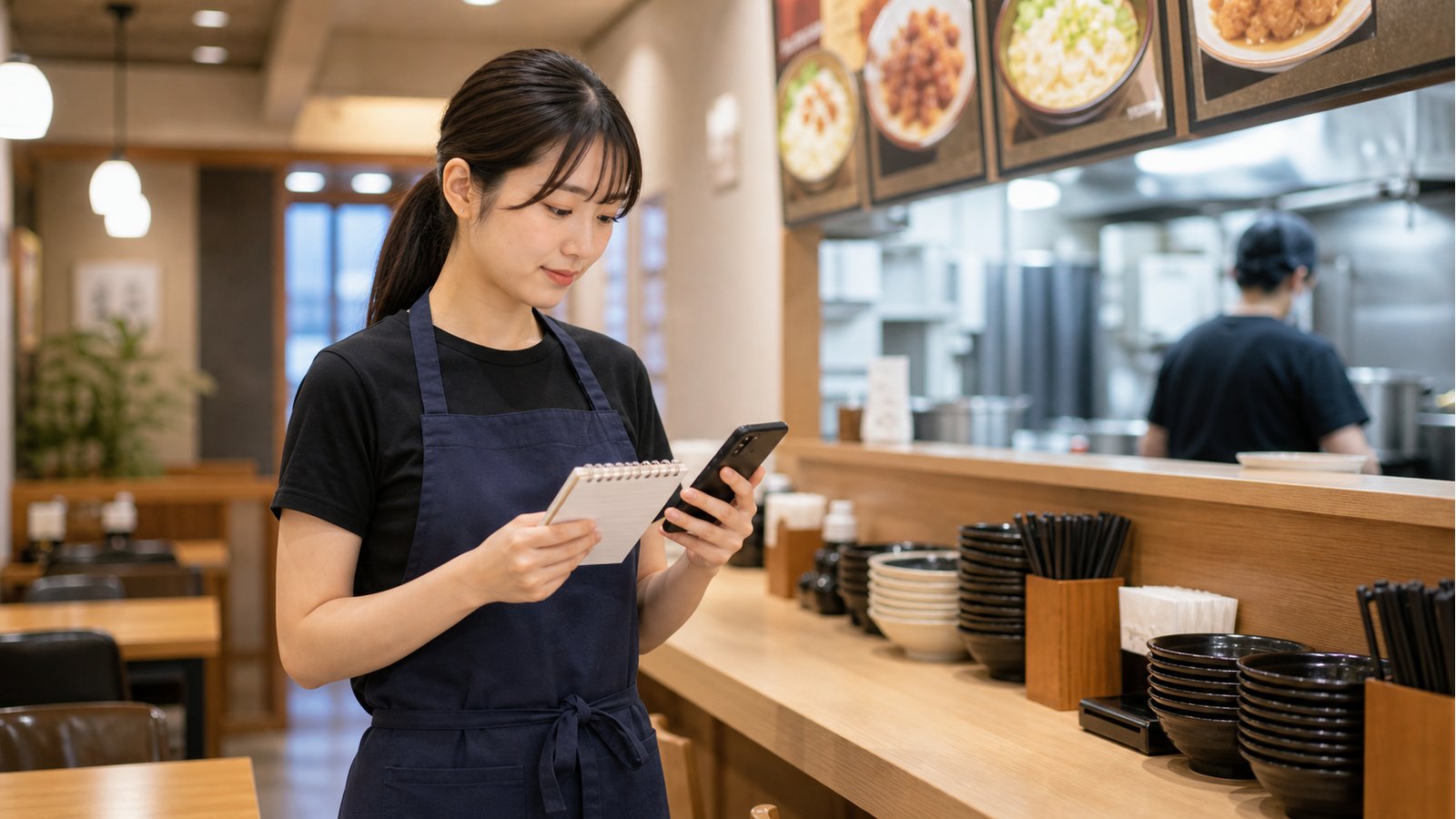 なか卯バイトの口コミを見る前に仕事内容を確認する飲食店スタッフのイメージ