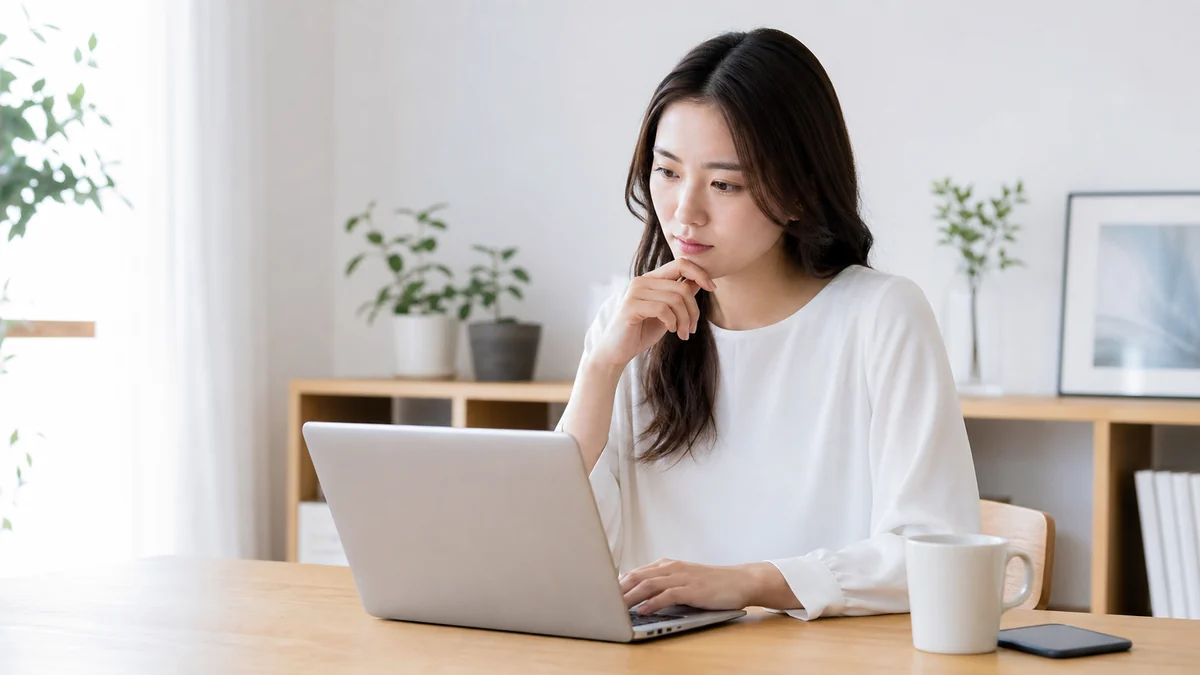 回答前に終了したアンケートを自宅で確認する女性