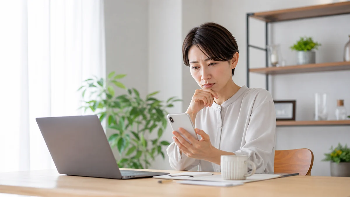 アンケートの依頼が来なくなりスマートフォンを確認する女性