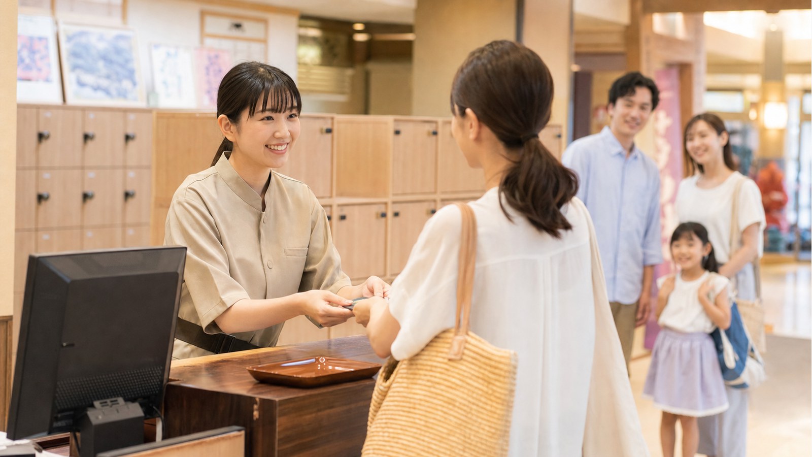 極楽湯バイトがきついか応募前に受付対応を確認するスタッフのイメージ