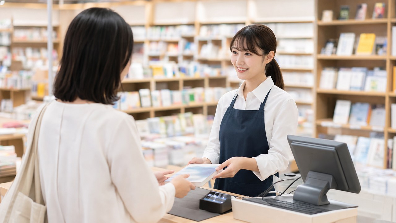 本屋バイトがきついか応募前にレジ接客を確認するスタッフのイメージ