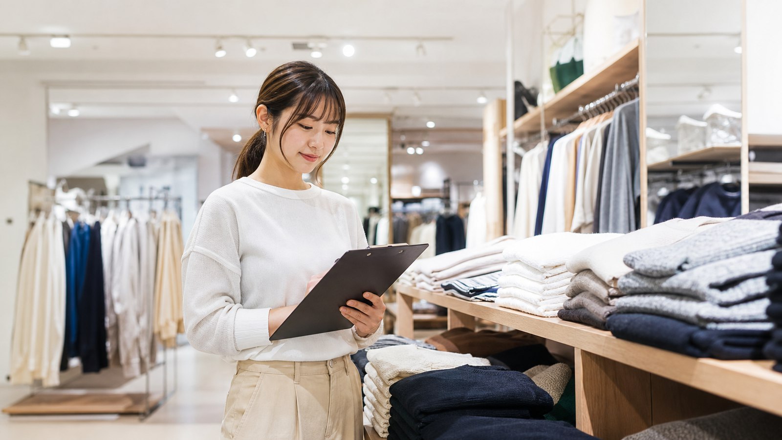 しまむらバイトがきついか応募前に仕事内容を確認する衣料品店スタッフのイメージ