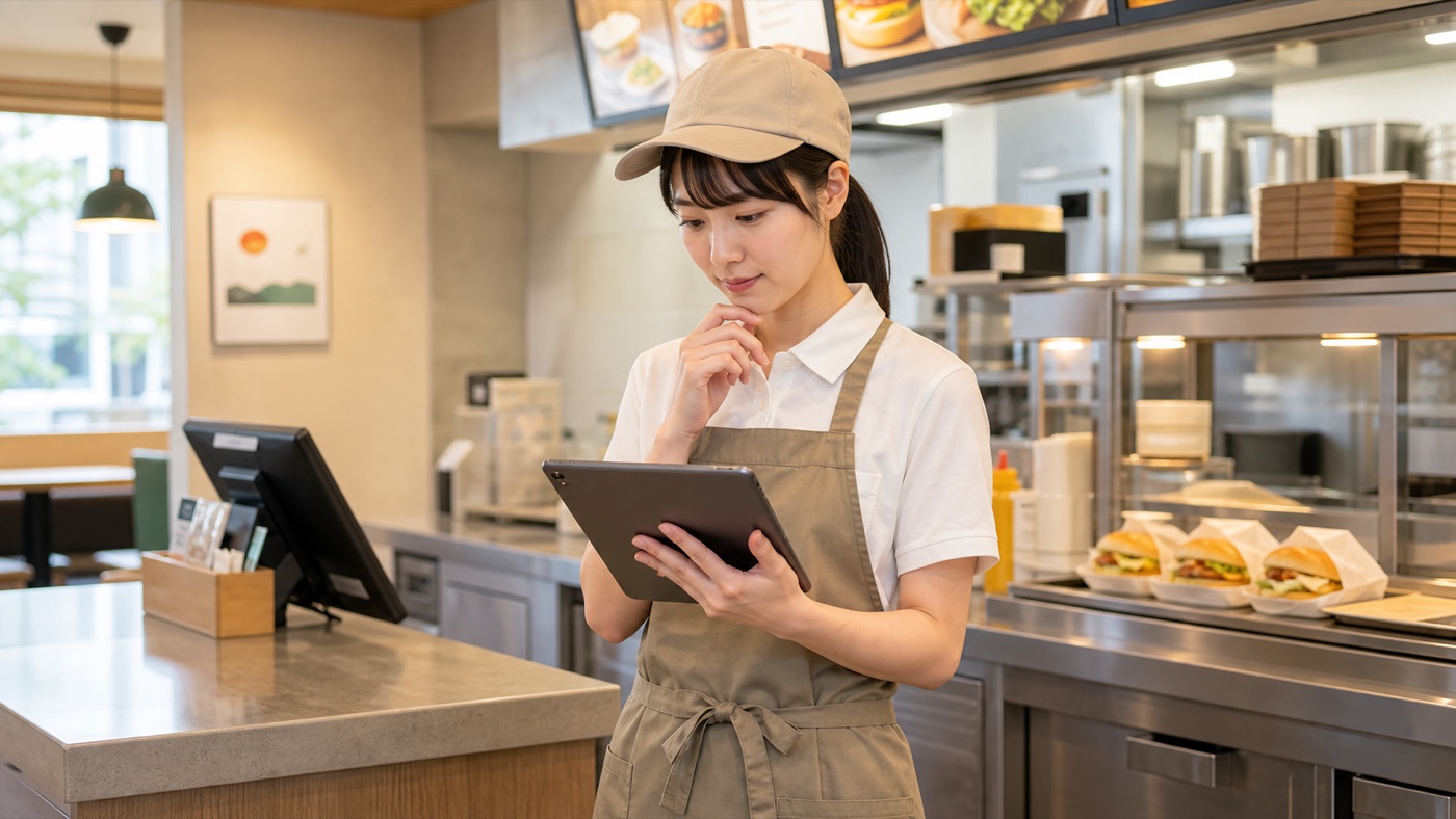モスバーガーバイトに応募する前に仕事内容や口コミの見方を確認するスタッフのイメージ