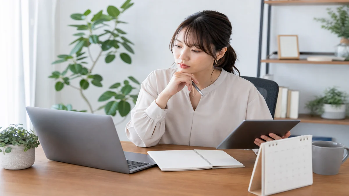 本アンケートへ進めない理由を自宅で確認する女性