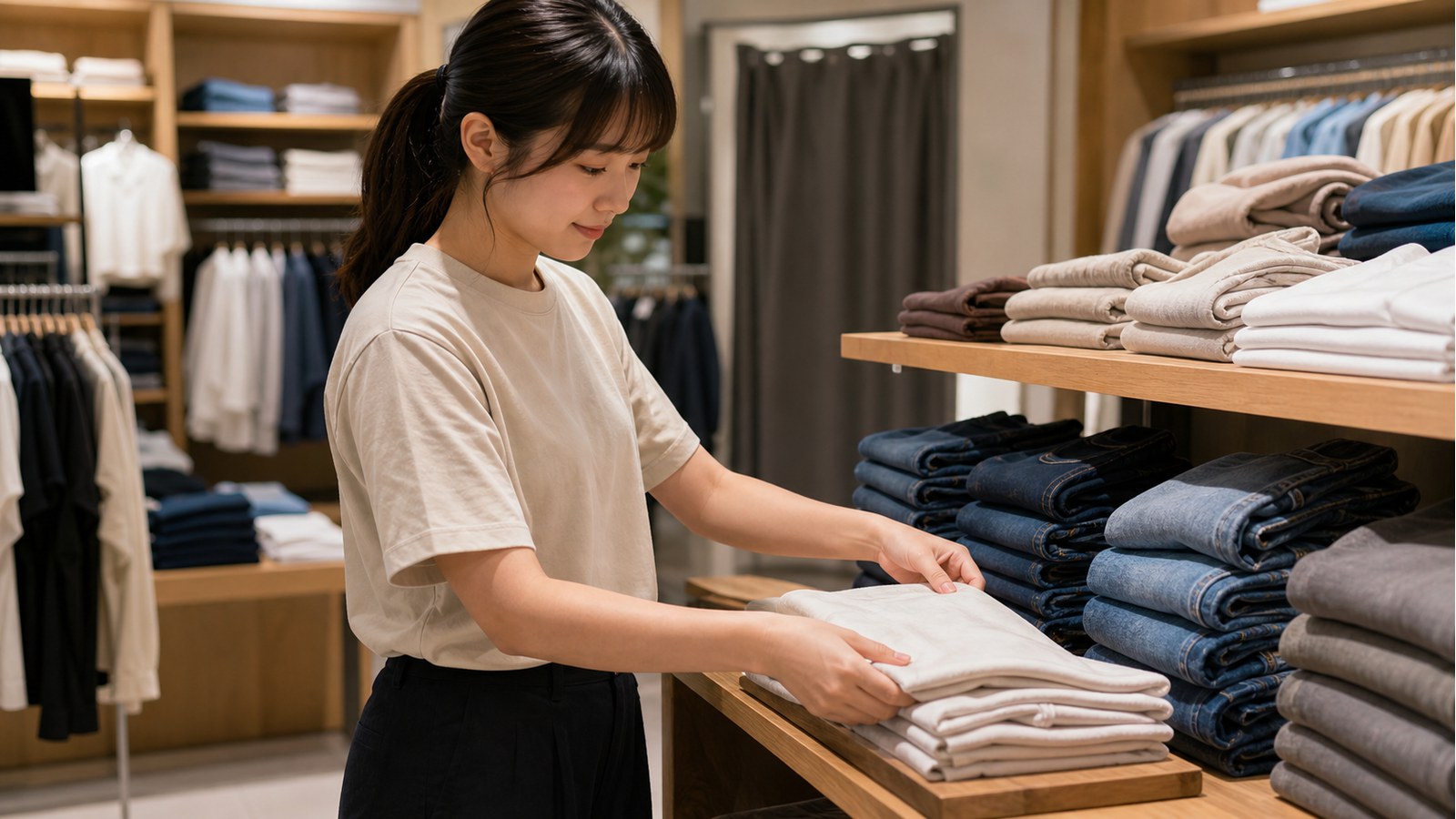 GUバイトで服をたたみ売り場を整える作業のイメージ