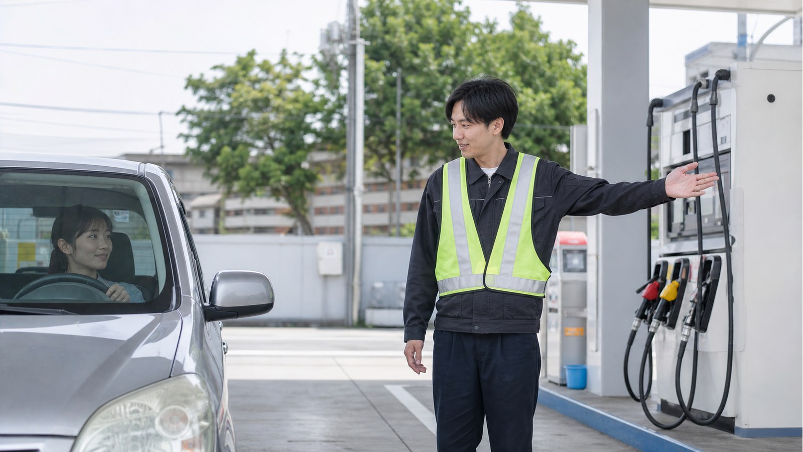 ガソスタバイトがきついか応募前に車両誘導を確認するスタッフのイメージ