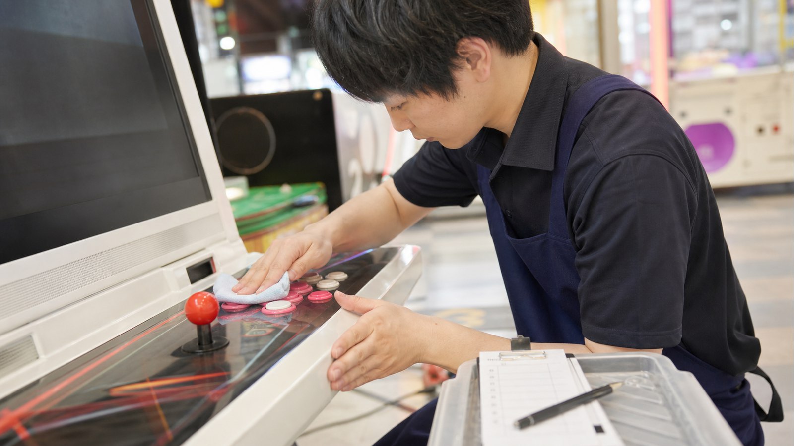 GiGOバイトでゲーム機の清掃や簡単な点検をするイメージ