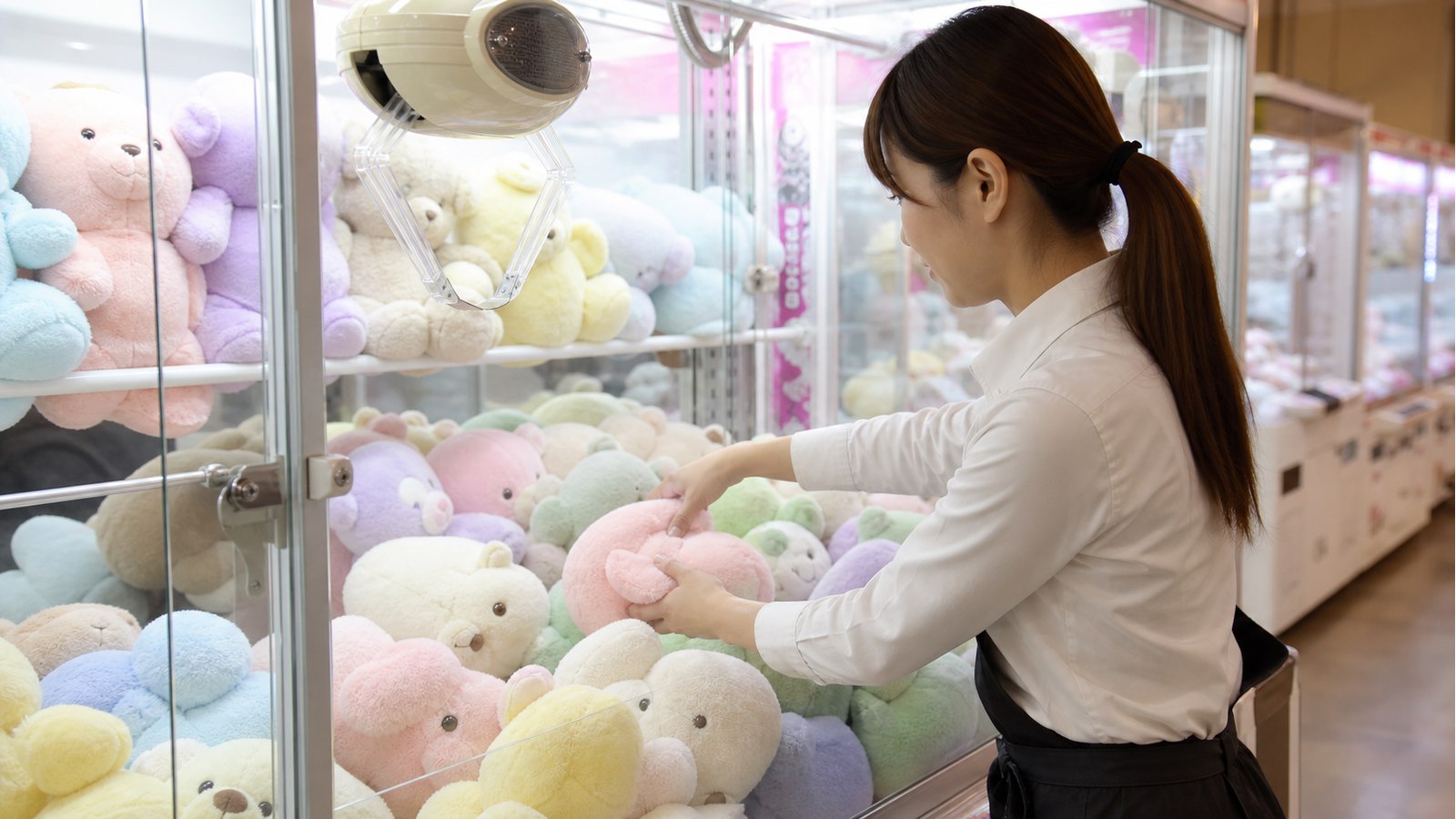GiGOバイトでクレーンゲームの景品補充をするイメージ