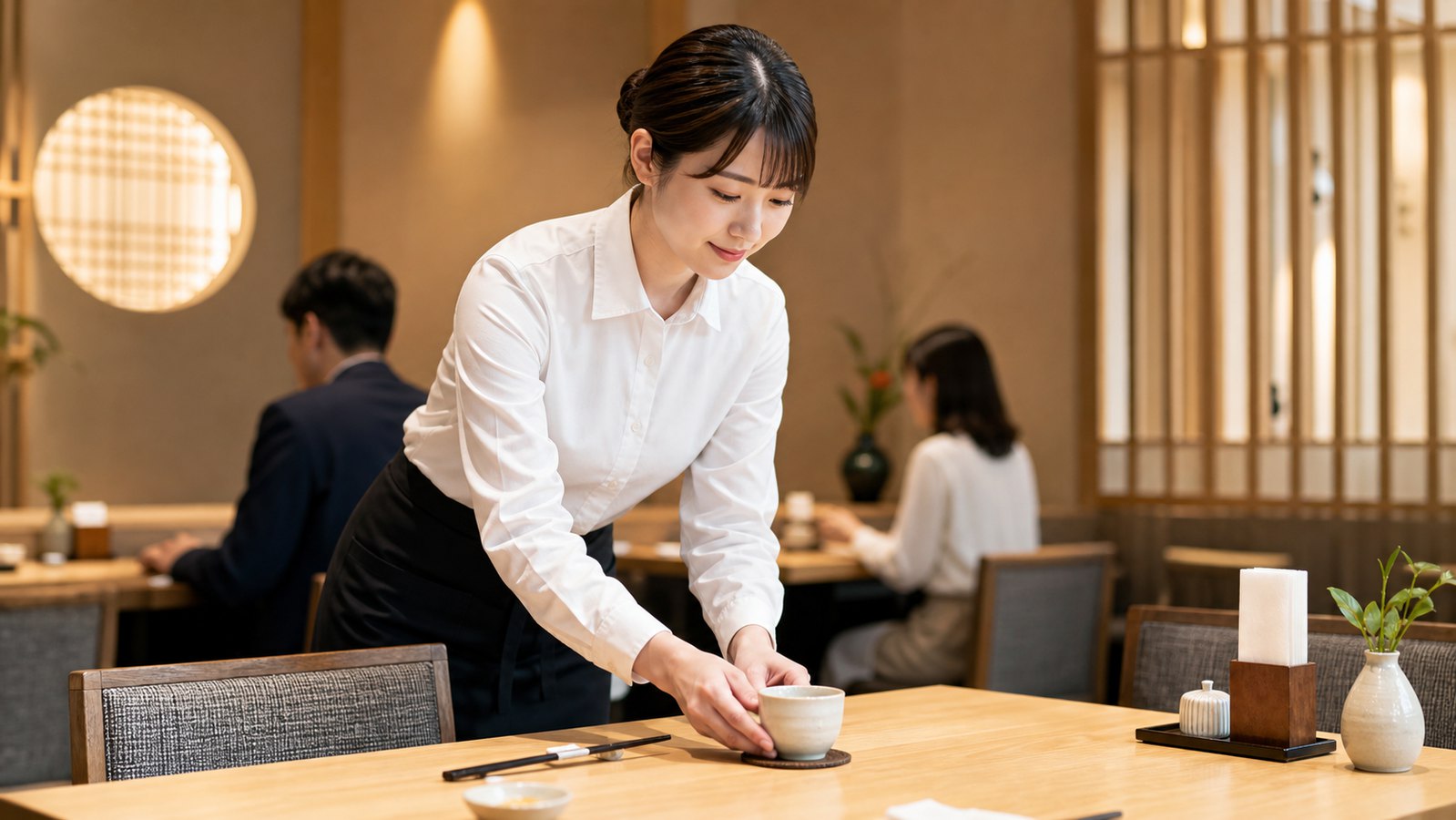 和食店で丁寧に接客するホールスタッフのイメージ