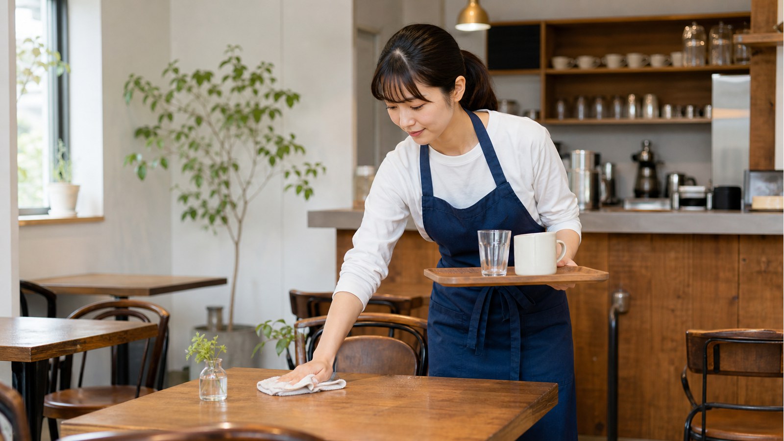 ホリーズカフェバイトで客席を片付けるスタッフのイメージ