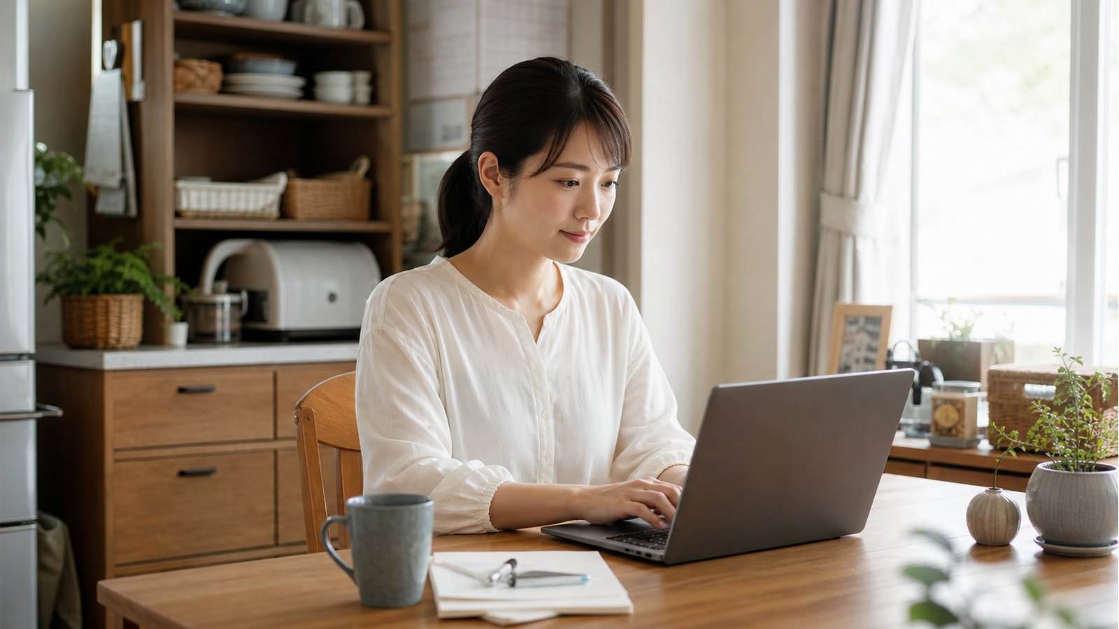 家事の合間にパソコンで在宅ワークをする主婦のイメージ