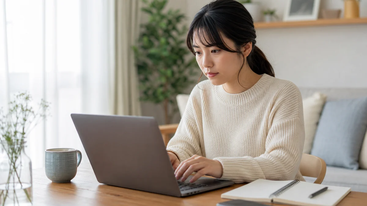 メールアドレスとパスワードを落ち着いて入力する女性