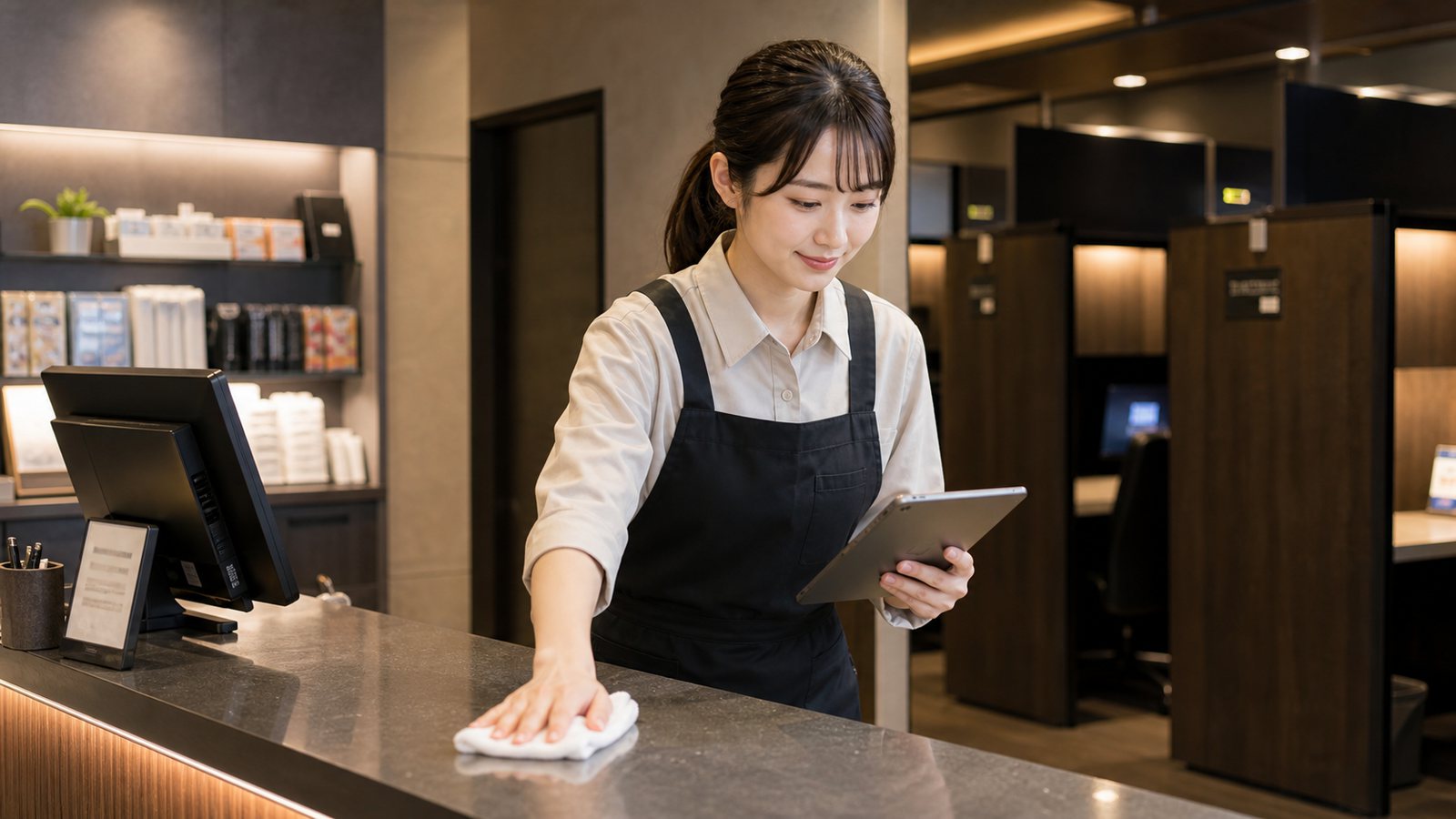 快活クラブバイトの口コミを確認するネットカフェスタッフのイメージ
