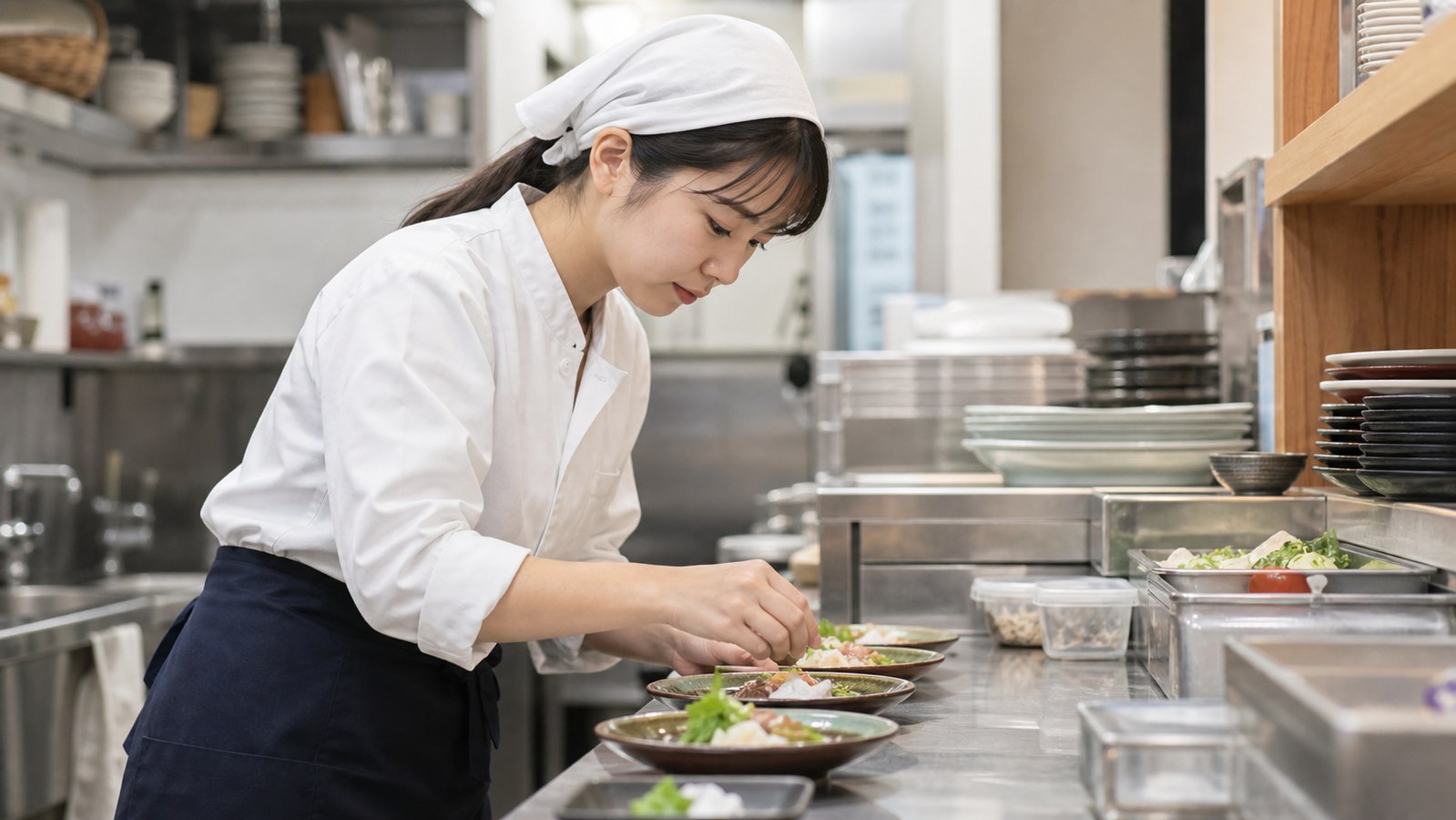 和食店で調理補助や盛り付けをするキッチンスタッフのイメージ