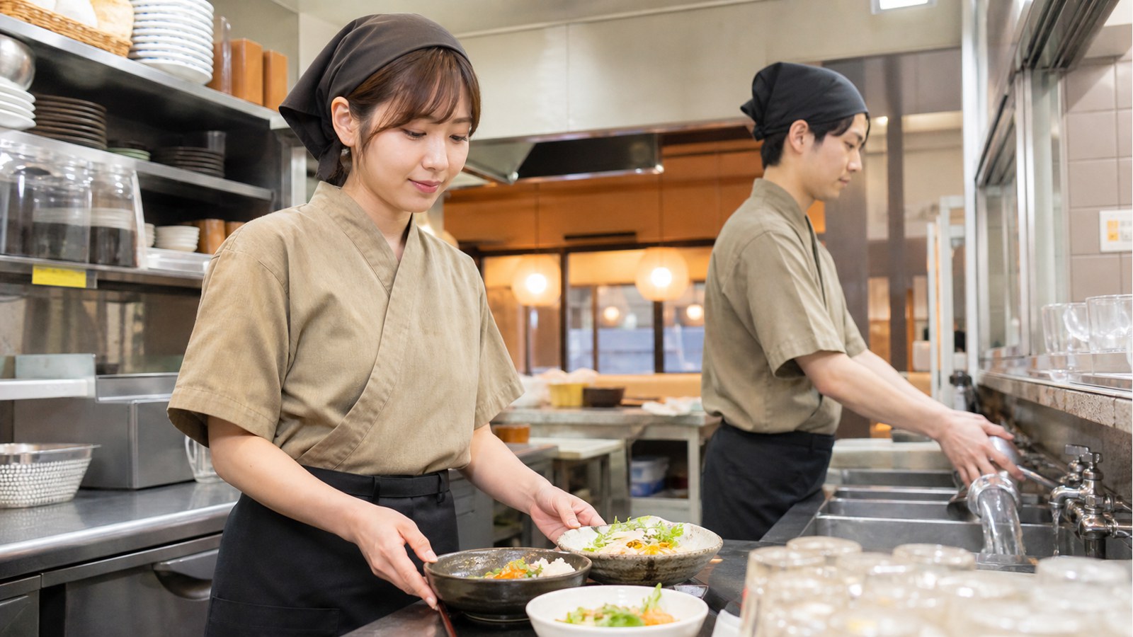 極楽湯バイトで食事処のキッチン補助をするスタッフのイメージ