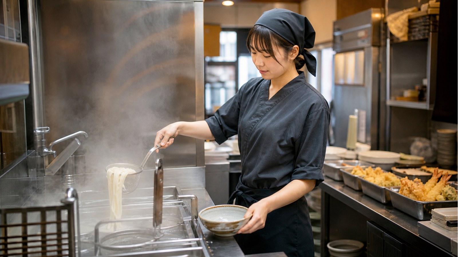 はなまるうどんバイトで麺ゆでや調理補助をするスタッフのイメージ
