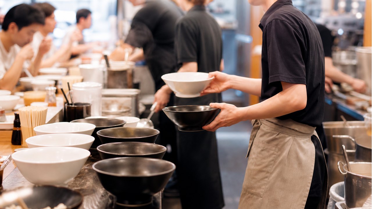 ラーメン屋 バイトでピーク帯に複数の器を準備するスタッフのイメージ
