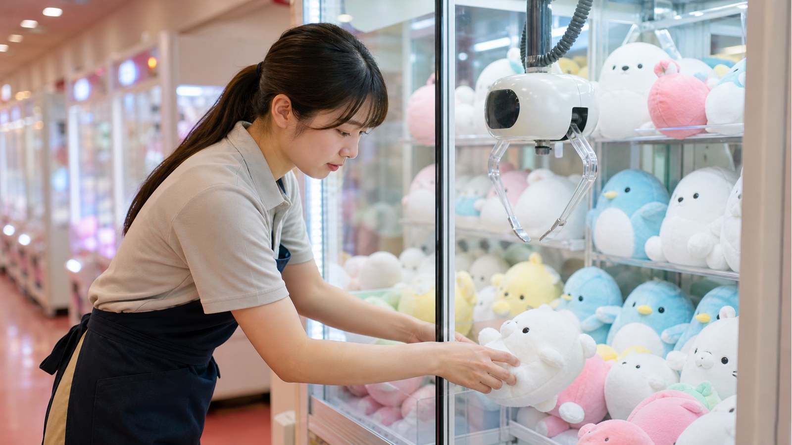 モーリーファンタジーバイトでクレーンゲームの景品を補充するスタッフのイメージ