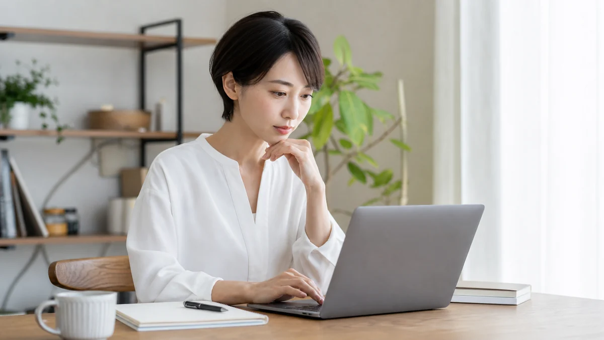アンケート配信に関わる登録情報をパソコンで確認する女性