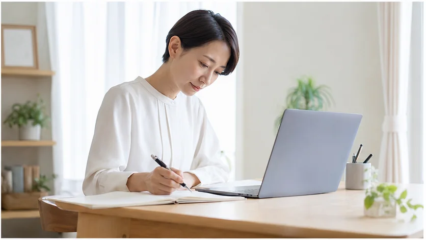在宅ワークの経歴とプロフィールを整理する女性