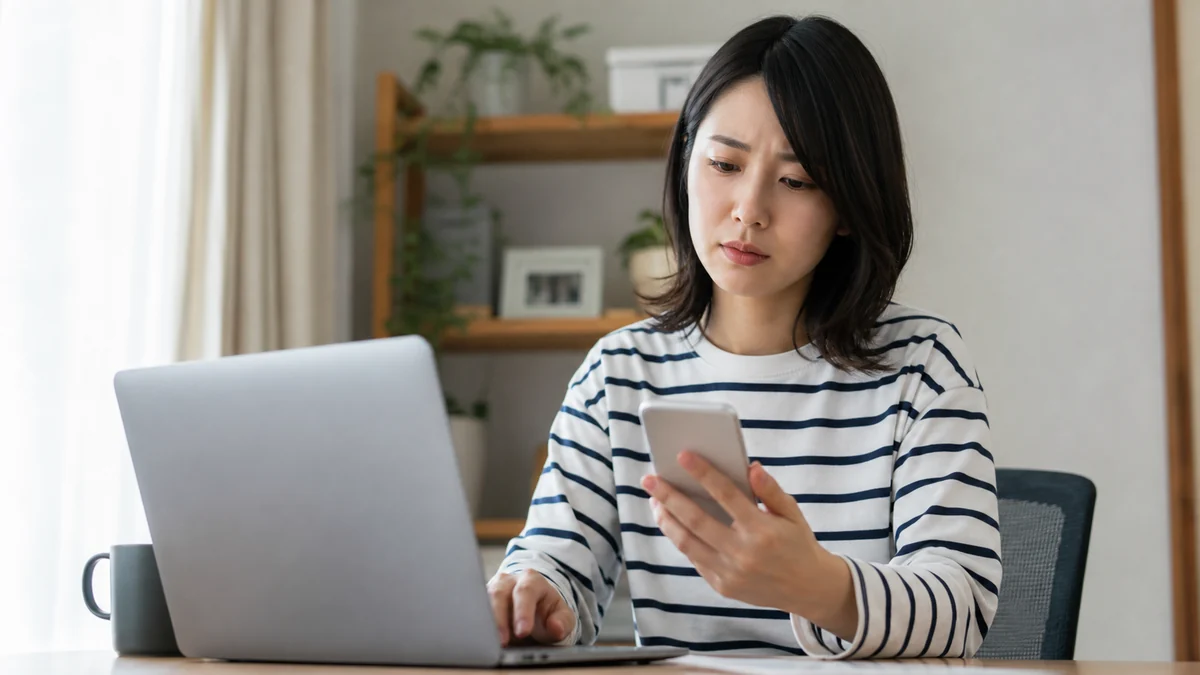 アンケート画面が開かない時に端末とブラウザを確認する女性